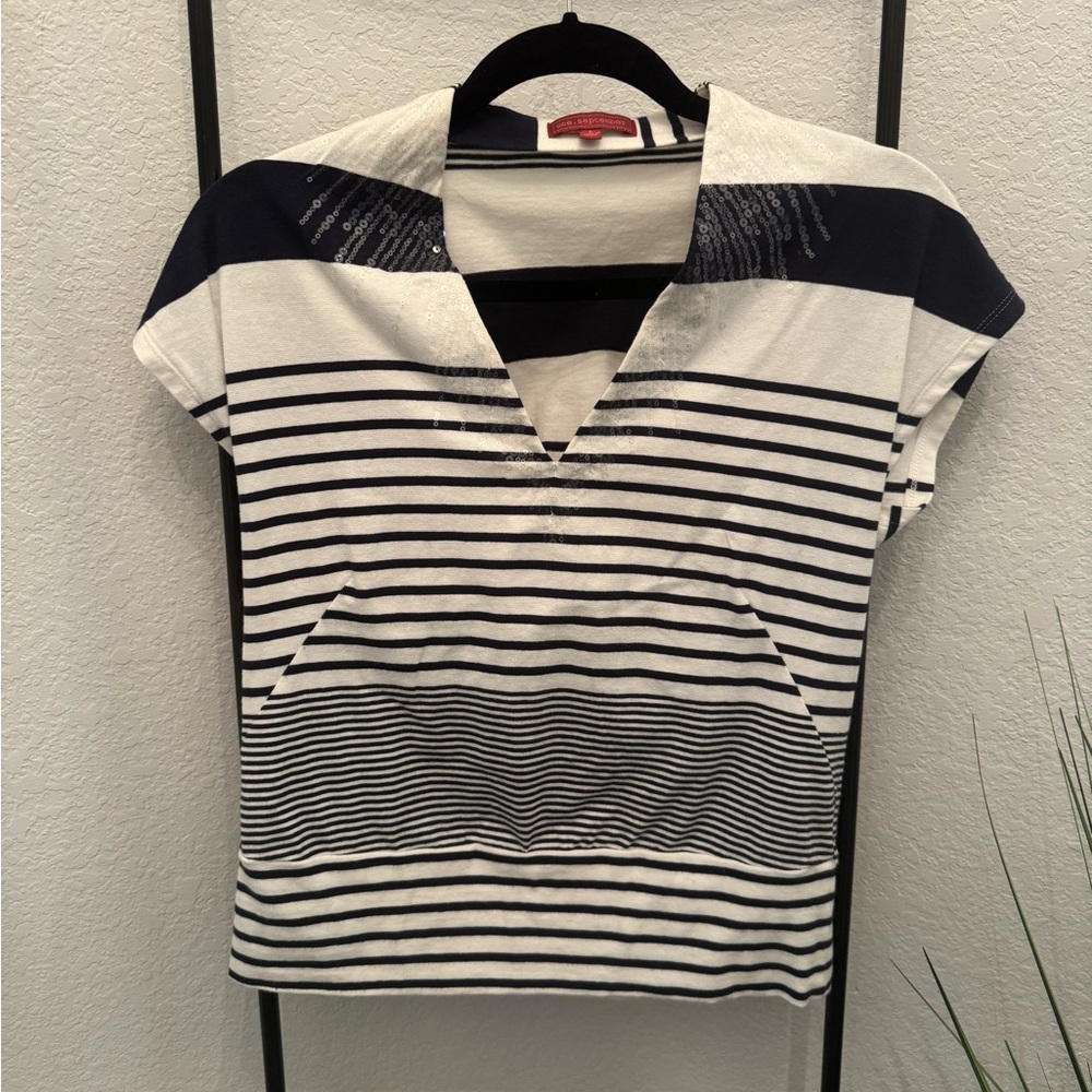 Anthropologie Navy and White Striped Women's Top